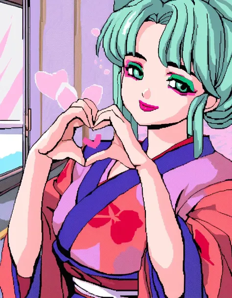 pc98, retro artstyle, woman, solo, 
makeup, lipstick, smile, green hair, bun, kimono, heart hands, room, upper body
, masterpiece, best quality <lora:retro_pcgame_style_XL(animagine):1>