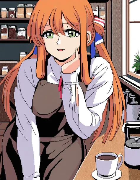 1girl, springfield, \(girls' frontline\), girls' frontline, green eyes, ginger hair, pc98, retro artstyle, coffee shop, very aesthetic, best quality, <lora:retro_pcgame_style_XL(animagine):1>