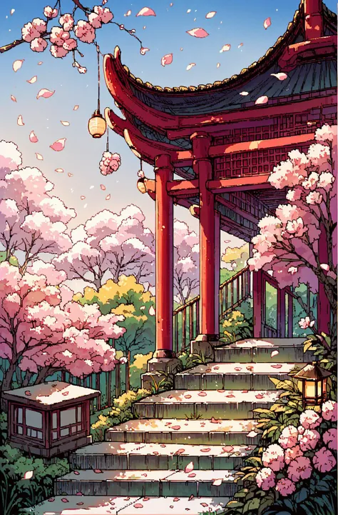 score_9,score_8_up,score_7_up,score_6_up,score_5_up,score_4_up flower,outdoors,sky,day,tree,petals,no humans,grass,cherry blossoms,scenery,lantern,stairs,architecture,east asian architecture <lora:retro_pcgame_style_XL(pony):1>,