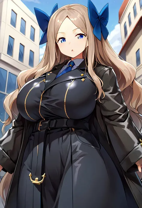 (masterpiece)),(best quality),official art,extremely detailed CG,unity 8k wallpaper,ultra detailed, score_9,score_8_up,score_7_up,source_anime,
1girl,solo,looking at viewer, upper body, outdoors,
<lora:asakaze_ponyXLV6:0.6>,kcaskz,light brown hair,long hair,wavy hair,parted bangs,forehead,
blue eyes,blue bow, ((black_leather_coat:1.9)), ((long_leather_coat:1.9)), ((black_trench_coat)), ((black_coat:1.9)), ((leather_clothes:1.9)), ((leather_uniform:1.9)), ((black_leather_skirt)), ((hyper_giantess)), ((giga size:1.9)), ((GTS_growth)), ((big sister)), giant breasts, ((gigantic_breasts:1.9)), ((Z-cup chest size)), ((250 centimeters bust size)), ((giga_sized_girl)), ((giga_sized_woman)), ((giantess:1.9)), giant chest, massive chest, tall girl, tall woman, ((hyper ass)), ((gigantic_ass)), ((gigantic chest)), ((gigantic girl)), ((gigantic woman)), beautiful woman, ((colossal_size)), ((massive chest size)), ((closed_leather_coat)), ((closed_coat)), ((milf)), ((giga_milf)), ((mature)), ((mature woman)), ((adult woman)), ((hyper_breasts:1.9)), ((motherhood)), grown up, ((GTS)), ((Breast Expansion)), ((Size difference)), ((double_breasted_uniform)), ((double_breasted_coat)), ((double_breasted_trench_coat)), ((300cm tall))