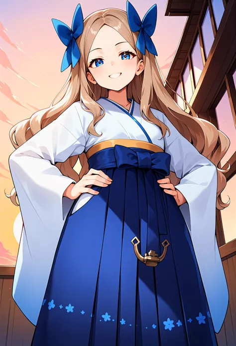 score_9, score_8_up, score_7_up, score_6_up, score_5_up, score_4_up, source_anime, 1girl, kcaskz, light brown hair, long hair, wavy hair, parted bangs, forehead, blue eyes, blue bow, white kimono, blue hakama skirt, cowboy shot, solo, smile, ((sunrise)), sun, from below, looking at viewer, hands on own hips, finely detailed eyes, <lora:asakaze_ponyXLV6:0.7>