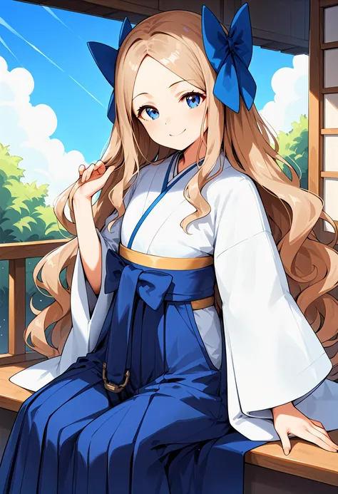 score_9, score_8_up, score_7_up, score_6_up, score_5_up, score_4_up, source_anime, 1girl, kcaskz, light brown hair, long hair, wavy hair, parted bangs, forehead, blue eyes, blue bow, white kimono, blue hakama skirt, cowboy shot, solo, sitting, smile, blue sky, sunlight, morning,<lora:asakaze_ponyXLV6:0.7>