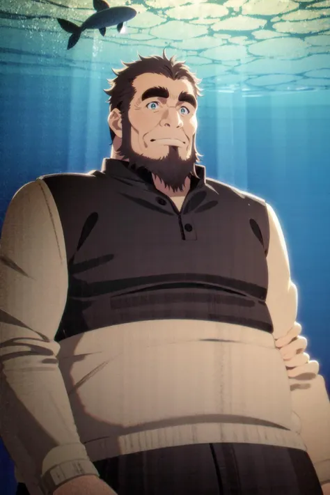 <lora:umiyan_lora4:0.8> best quality, (fat man:1), (sad, worry:1.1), pov, outdoors, BREAK masterpiece, aquarium, (old man:1), blue polo shirt, (brown hair:0.7), (arm hair:1), green eyes, beard, (sideburns:1), thick eyebrows