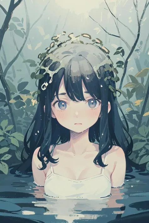 (masterpiece:1.2, best quality), (ultra-detailed), (illustration), (ultra highres), (delicate illustration), (hyper detailed), solo, 1girl, upper body, water, wet, beige_hair, grey eyes, wavy hair, forest, white camisole,