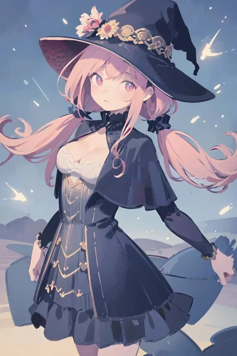 (masterpiece:1.2, best quality), (ultra-detailed), (illustration), (ultra highres), (delicate illustration), (hyper detailed), solo, 1girl, cowboy shot, pink hair, pink eyes, twintails, witch hat, cleavage, witch, dress, cat, animal, dynamic angle, cinematic light