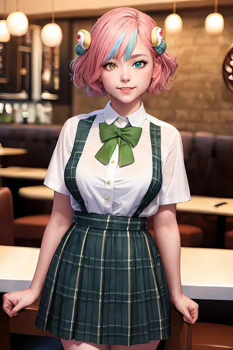 ultra realistic 8k cg, masterpiece, ((ultra detailed background, delicate pattern, intricate detail)),
<lora:Aries_Spring_V1:1>, aries_spring, pink hair, short hair, (hair ornament, heterochromia, green eyes, yellow eyes:1.5),
waitress, blue apron, blue bow, blue bowtie, blue skirt, (high-waist skirt, plaid apron:1.2), pleated shirt, short sleeves, tray, white shirt, restaurant
(smile:1.3), cowboy shot, looking at viewer