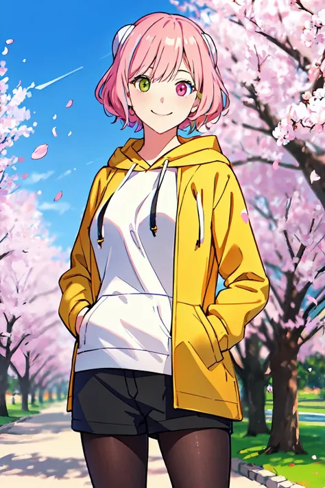 realistic, wallpaper, 1girl, solo, smile, cowboy shot, ultra detailed background,
<lora:Aries_Spring_V1:1>, aries_spring, hair ornament, (heterochromia, yellow eyes, green eyes:1.3), pink hair, short hair,
white hoodie, black shorts, black pantyhose, hands in pockets, hood, shorts,
outdoors, park, blue sky, cloud, cherry blossoms,