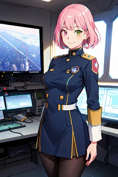 realistic, wallpaper, 1girl, solo, smile, cowboy shot, ultra detailed background,
<lora:Aries_Spring_V1:1>, aries_spring, hair ornament, (heterochromia, yellow eyes, green eyes:1.2), pink hair, short hair,
(navy blue dress:1.2), military uniform, shoulder boards, pantyhose, pants, construction site, spacecraft, indoors, control panel