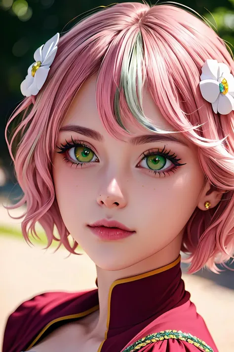 (8k, best quality, masterpiece:1.2), (anime coloring, anime screencap, ghibli, mappa, anime style), 1girl, intricate, elegant, highly detailed, majestic, digital photography, sharp focus, dramatic, (detailed pupils:1.1), (painting:1.1), digital painting, detailed face and eyes,
<lora:Aries_Spring_V1:1>, aries_spring, (hair ornament, heterochromia, yellow eyes, green eyes:1.5), pink hair, short hair,
red dress, puffy skirt, jewelry, close-up, studio, photo shooting, model shooting