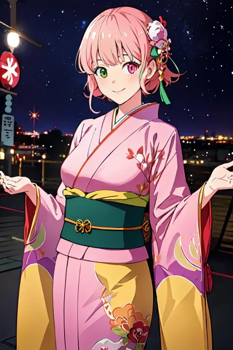 realistic, wallpaper, 1girl, solo, smile, cowboy shot, ultra detailed background,
<lora:Aries_Spring_V1:1>, aries_spring, hair ornament, (heterochromia, yellow eyes, green eyes:1.3), pink hair, short hair,
pink kimono, japanese clothes, sash, wide sleeves, night sky, starry sky, galaxy, neon signs, street vendors