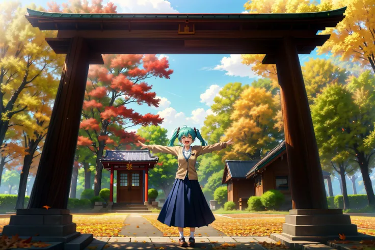 absurdres, best quality, ultra detailed, outdoor, (windy:1.2),
hatsune miku and 6+girls are stand with her arms outstretched in the shrine park, Wear a cardigan and a long skirt, ultra happy, dead leaves falling, looking at viewer, <lora:fallcolors:1>, fallcolors, <lora:hairdetailer:0.5>