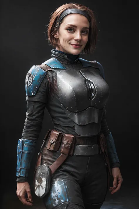 skswoman, sexy smile, thigh up, cute pose, auburn short hair, saturated, Photo raw, realistic painting, masterpiece, award winning photography, lighting, perfect composition, high detail, hyper realistic, dramatic lighting, epic, simple dark background <lora:Bo-KatanV2:0.9> <lora:ReaLora:0.4>