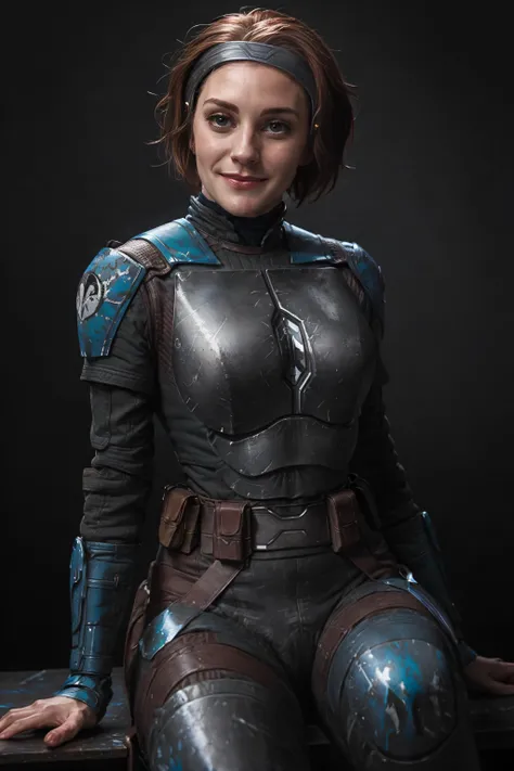 skswoman, sexy smile, thigh up, cute pose, auburn short hair, saturated, Photo raw, realistic painting, masterpiece, award winning photography, lighting, perfect composition, high detail, hyper realistic, dramatic lighting, epic, simple dark background <lora:Bo-KatanV2:0.9> <lora:ReaLora:0.4>