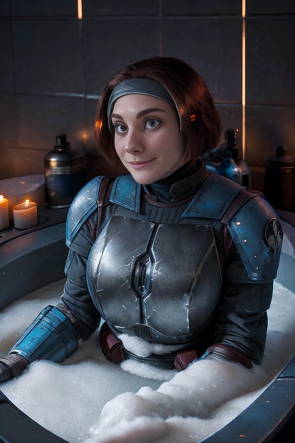 photo of skswoman, armor, in the BATH, bubble bath, lots of bubbles, high quality photograph, bokeh, gobo light, rim light, volumetric light, shallow depth of field, analog, kodachrome, slight smile, <lora:Bath:0.7>, <lyco:Bo-KatanV2:0.95>