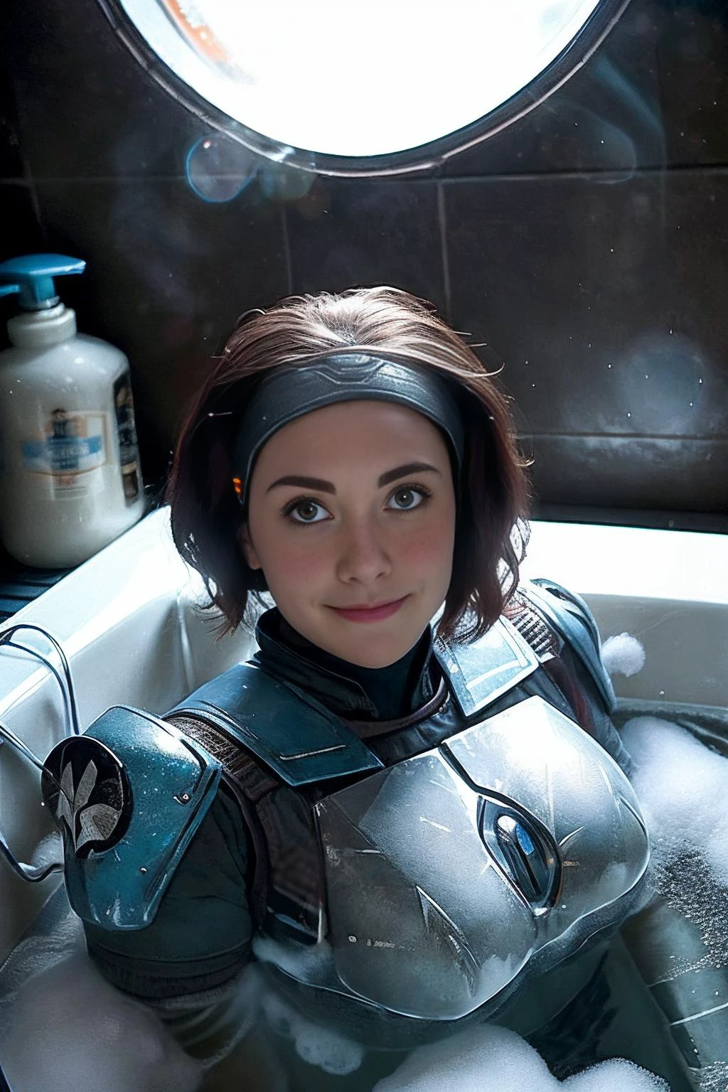 photo of skswoman, armor, in the BATH, bubble bath, lots of bubbles, high quality photograph, bokeh, gobo light, rim light, volumetric light, shallow depth of field, analog, kodachrome, slight smile, <lora:Bath:0.7>, <lyco:Bo-KatanV2:0.95>