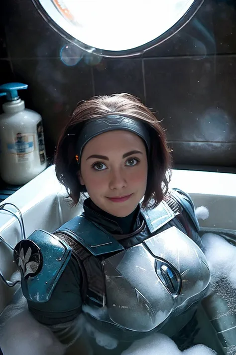 photo of skswoman, armor, in the BATH, bubble bath, lots of bubbles, high quality photograph, bokeh, gobo light, rim light, volumetric light, shallow depth of field, analog, kodachrome, slight smile,  <lora:Bath:0.7>, <lyco:Bo-KatanV2:0.95>