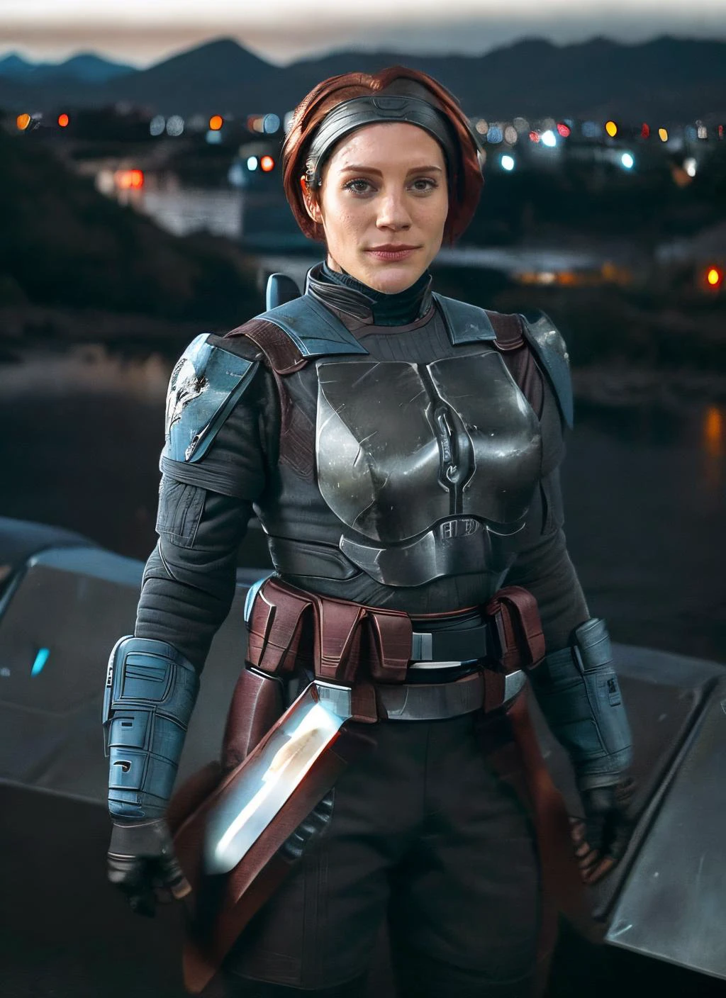 fullbody photo of skswoman, hopeful, short red hair, a war between humanity and artificial intelligence, spaceship behind, landscape with Emphasis, analog style (look at viewer:1.2) (skin texture), Fujifilm XT3, DSLR, 50mm, <lyco:Bo-KatanV2:1.1>