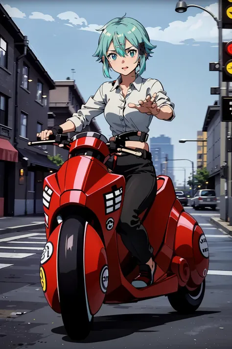 (masterpiece), 1girl, solo, perfect sexy female body, (sexy and seductive pose:1.3), street, mountain, <lora:EPsoaSinon-14:0.7>, EPsoaSinon, short hair, aqua hair, aqua eyes, hair between eyes, (hair ornament:1.2), hairclip, sidelocks, small breasts, riding, business suit, black pants, white collared shirt, <lora:kanedabike004:0.7>,kanedabike,bigscooter,