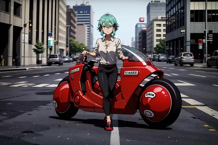 (masterpiece), 1girl, solo, perfect sexy female body, (sexy and seductive pose:1.3), street, mountain, <lora:EPsoaSinon-14:0.7>, EPsoaSinon, short hair, aqua hair, aqua eyes, hair between eyes, (hair ornament:1.2), hairclip, sidelocks, small breasts, standing, business suit, black pants, white collared shirt, <lora:kanedabike004:0.7>,kanedabike,bigscooter,