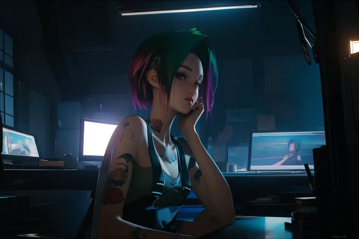 anime, hdr, soft light, ((best quality)), ((masterpiece)), (detailed), dark theme, low key,<lora:Judy_5_10-000009_2:0.8> judyalvarez, brown eyes, short green hair, multicolored hair, undercut, tattoo, jewelry, crop top, overalls, sitting, upper body, hand on own face, indoors, monitor, neon lights, <lora:LowRA:0.5>