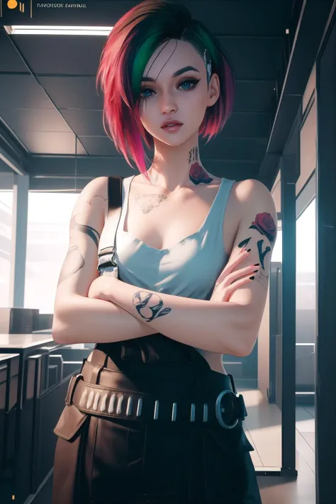 masterpiece, best quality, (colorful), (delicate eyes and face), volumetric light, ray tracing, extremely detailed CG unity 8k wallpaper, <lora:Judy_5_10-000009_2:0.8> judyalvarez, 1girl, medium breasts, multicolored hair, undercut, jewelry, tattoo, tank top, overalls, belt, looking at viewer, cowboy shot, captivating pose, crossed arms, white background