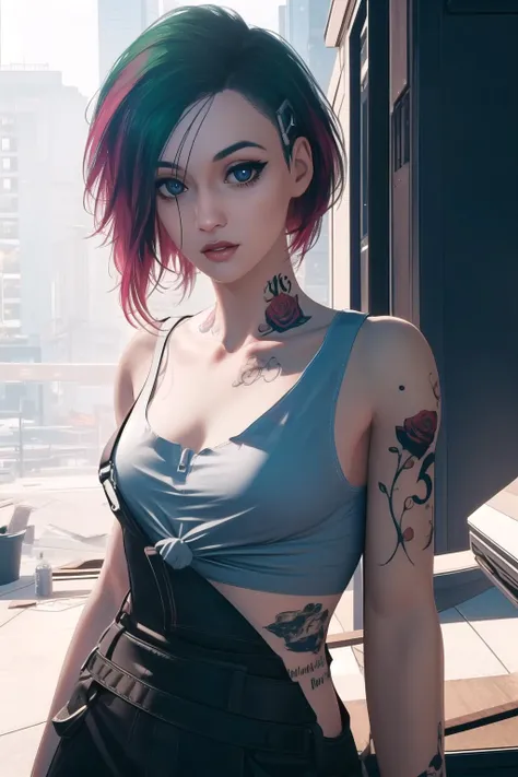masterpiece, best quality, (colorful), (delicate eyes and face), volumetric light, ray tracing, extremely detailed CG unity 8k wallpaper, <lora:Judy_5_10-000009_2:0.8> judyalvarez, 1girl, brown eyes, medium breasts, multicolored hair, undercut, jewelry, tattoo, tank top, overalls, belt, looking at viewer, captivating pose, (white background:1.1)