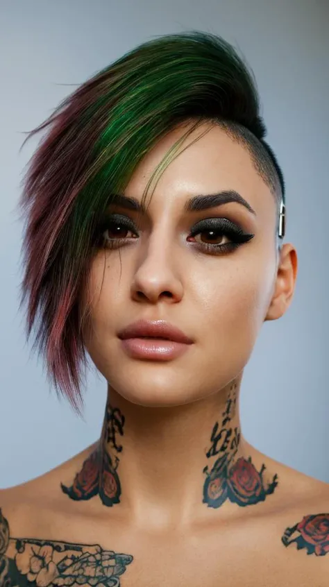 hdr, soft light, ((best quality)), ((masterpiece)), (detailed), <lora:Judy_5_10-000009_2:0.8> judyalvarez, brown eyes, short green hair, multicolored hair, (undercut:1.1), tattoo, jewelry, crop top, (detailed_eyes),