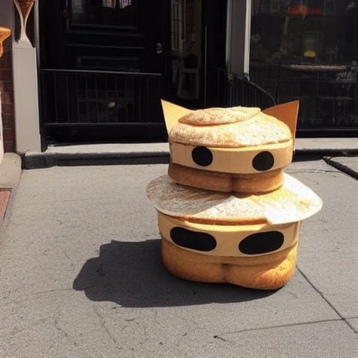 A superhero version of (MAXWELL THE CAT standing, made out of SuperBreadman2 bread) , with a bread head and a face made out of bread with pastry eyes, bread shoulders, bread arms, bread hands with bread paws, and his entire body made out of bread, with bread legs. Superhero bread costume made of bread slices and breads, in the streets of Brooklyn with cars and storefronts and restaurants and people dining