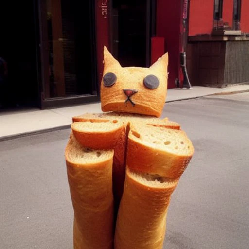 A superhero version of ((MAXWELL THE CAT:0.8) standing, made out of (SuperBreadman2 :0.1)bread) , with a bread head and a face made out of bread with pastry eyes, bread shoulders, bread arms, bread hands with bread paws, and his entire body made out of bread, with bread legs. in the shape of a (bread cat:1.4). Superhero bread costume made of bread slices and breads, in the streets of Brooklyn with cars and storefronts and restaurants and people dining,