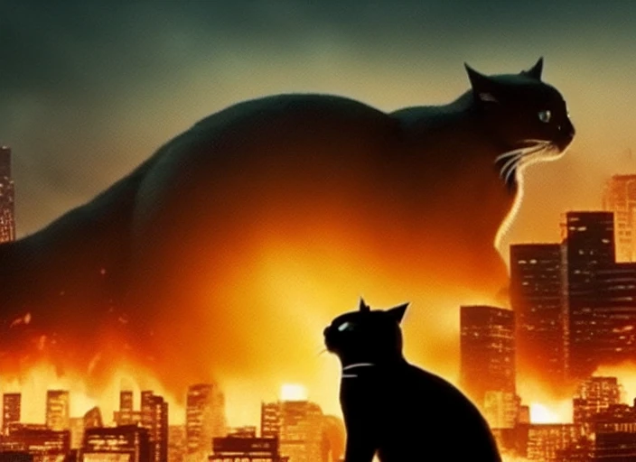 Maxwell the cat fighting against Godzilla in a burning city skyline