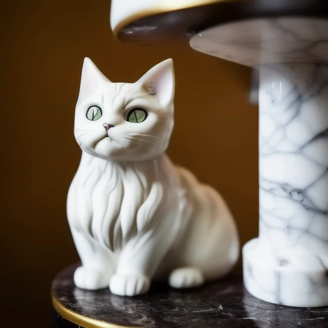 (A Glossy marble statue of MAXWELL THE CAT made of gold, ivory and onyx, with (shiny eyes made of precious emerald gemstone:1.0) and glossy fur by GOLDENGLASS :1.1) , stretching his legs on a marble pillar, starring in the role of (Pokemodel:1.1) in ChromaV5 style