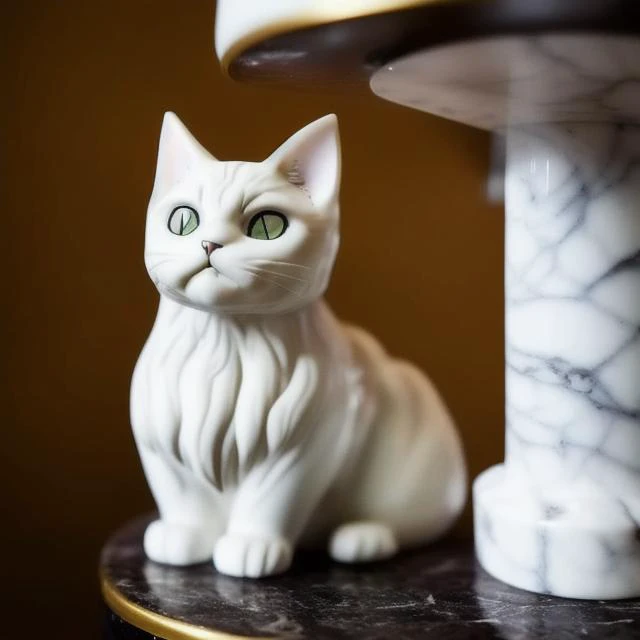 (A Glossy marble statue of MAXWELL THE CAT made of gold, ivory and onyx, with (shiny eyes made of precious emerald gemstone:1.0) and glossy fur by GOLDENGLASS :1.1) , stretching his legs on a marble pillar, starring in the role of (Pokemodel:1.1) in ChromaV5 style
