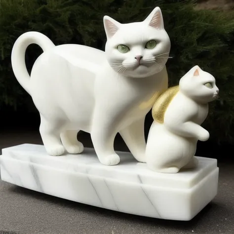 (A Glossy marble statue of MAXWELL THE CAT made of gold, ivory and onyx by GOLDENGLASS :1.1) with shiny emerald gemstone eyes and glossy marble fur, stretching his legs on a marble pillar, starring in the role of (Pokemodel:1)