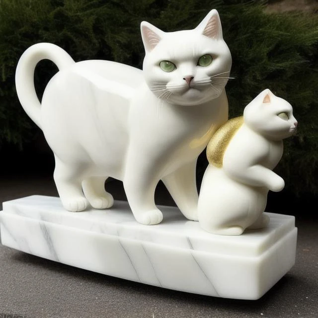 (A Glossy marble statue of MAXWELL THE CAT made of gold, ivory and onyx by  GOLDENGLASS :1.1) with shiny emerald gemstone eyes and glossy marble fur, stretching his legs on a marble pillar, starring in the role of (Pokemodel:1)