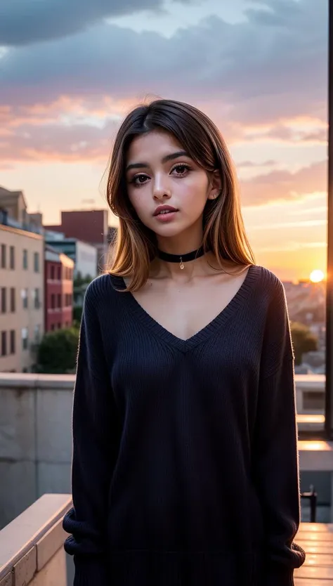 1 young cute iranian girl, very slim, skinny, redhead, rouge, red neck lace choker, cateyes makeup, colorful, oversize knit jumper, softcore, warm lighting, cosy atmosphere, Instagram style, red theme, upper body shot,(cinematic, black and red:0.85), (sunset beautiful background:1.3), sharp, dim colors