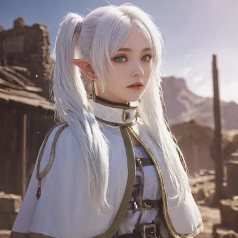 real,Photoreal,reality, 1girl, white hair, long hair, twintails, pointy eyes, green eyes, white caplet, jewelry, earrings,fantasy,fantasy ruin,cowboy shot,
 <lora:Frieren:0.8>