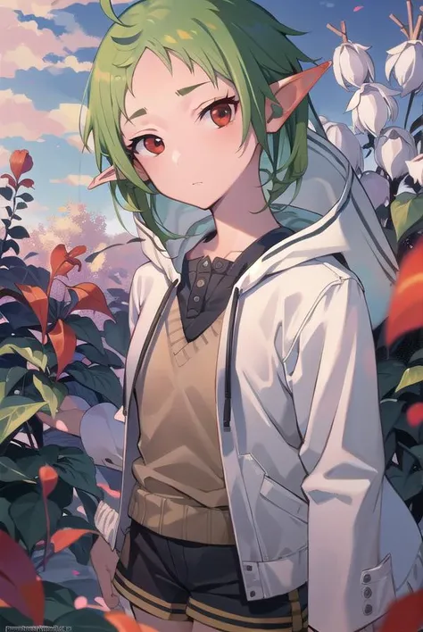 sylphiette, <lora:sylphiettetest:1>,
sylphiette, ahoge, elf, forehead, green hair, pointy ears, (red eyes:1.5), short eyebrows, short hair,
BREAK hood, hooded jacket, jacket, shirt, short shorts, shorts, white jacket,
BREAK looking at viewer,
BREAK outdoors, castle, garden,
BREAK <lora:GoodHands-vanilla:1>, (masterpiece:1.2), best quality, high resolution, unity 8k wallpaper, (illustration:0.8), (beautiful detailed eyes:1.6), extremely detailed face, perfect lighting, extremely detailed CG, (perfect hands, perfect anatomy),