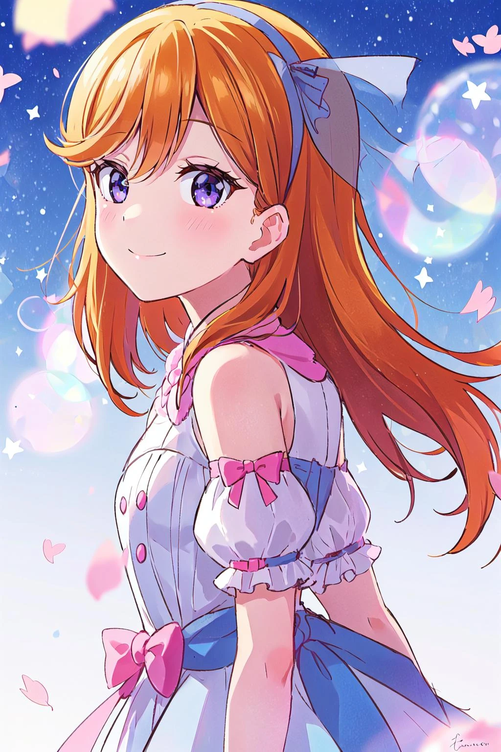 (best quality, masterpiece:1.2), 1girl, solo, (upper body:1.2), light on face, standing, blue sky, sunlight, lens flare, smile, looking to the side, from side
<lora:A_Shibuya Kanon Tiny Stars:0.8> shibuya kanon, tiny stars,