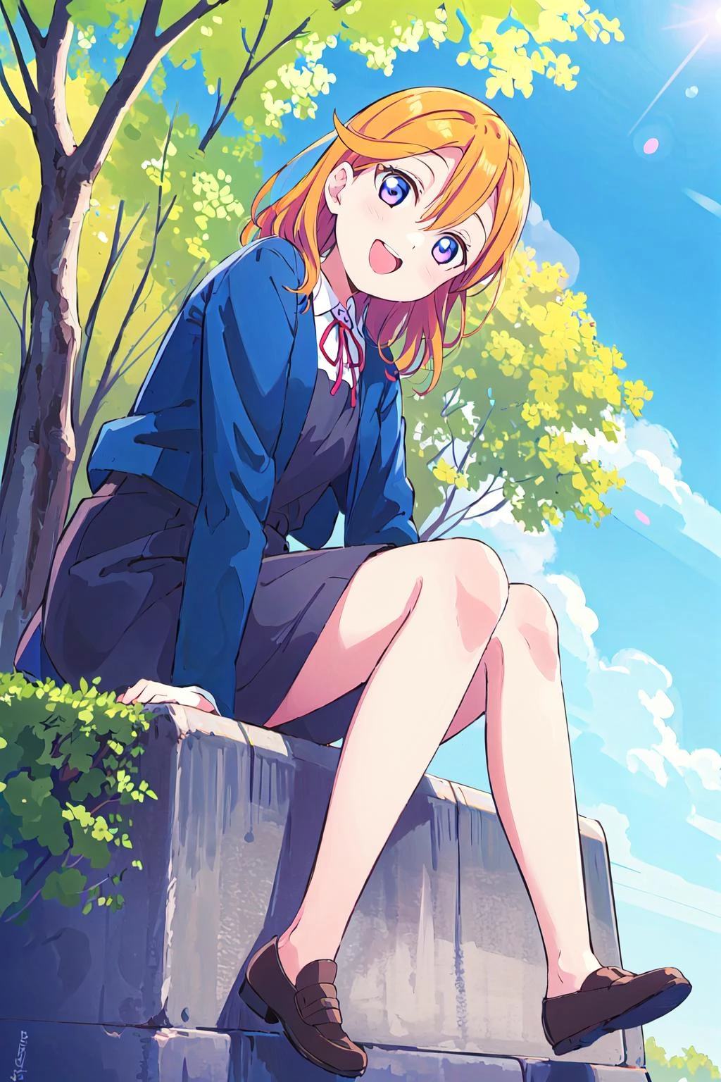 (best quality, masterpiece:1.2), 1girl, solo, (full body:1.2), light on face, blue sky, sunlight, lens flare, smile, looking at viewer, open mouth, sitting, from below, spring,
<lora:Shibuya Kanon WSU:0.8> shibuya kanon,