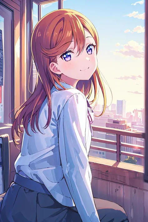 (best quality, masterpiece:1.2), 1girl, solo, (upper body:1.2),  light on face, blue sky, sunlight, lens flare, smile, looking at viewer, closed mouth, sitting, from behind, winter,
 <lora:Shibuya Kanon WSU:0.8> shibuya kanon,