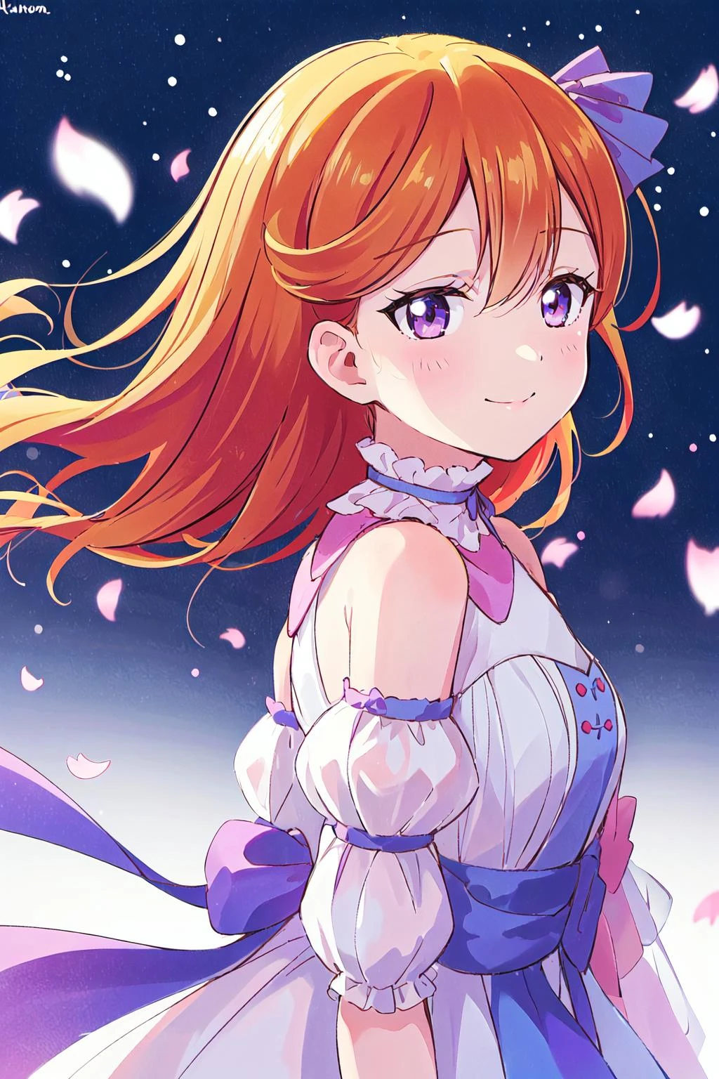 (best quality, masterpiece:1.2), 1girl, solo, (upper body:1.2), light on face, standing, dark sky, smile, looking to the side, from side, starlight, stars, wind blow
<lora:Shibuya Kanon Tiny Stars:0.8> shibuya kanon, tiny stars,