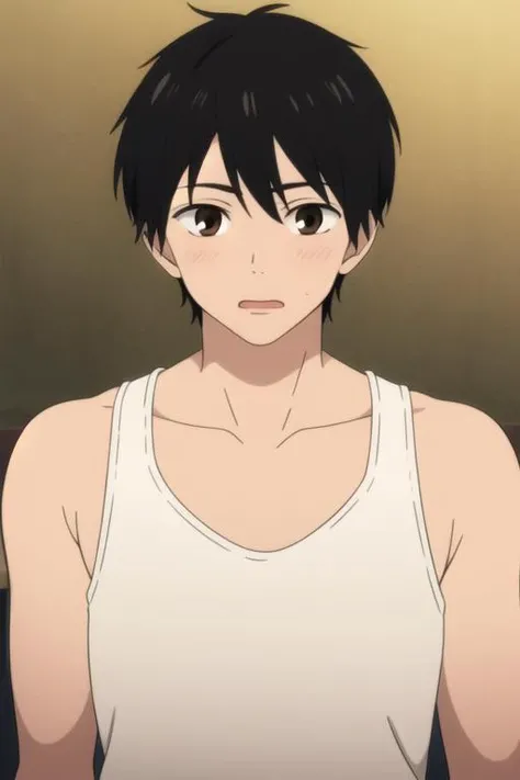 masterpiece, best quality, high quality, 1boy, solo, male focus, looking at viewer, upper body, <lora:shouta_kazehaya:0.62>, shouta_kazehaya, black hair, brown eyes, , tank top