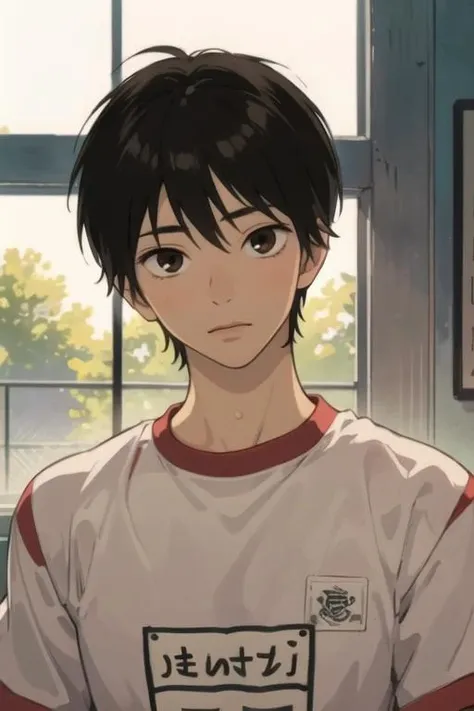 masterpiece, best quality, high quality, 1boy, solo, male focus, looking at viewer, upper body, <lora:shouta_kazehaya:0.72>, shouta_kazehaya, black hair, brown eyes, , gym uniform