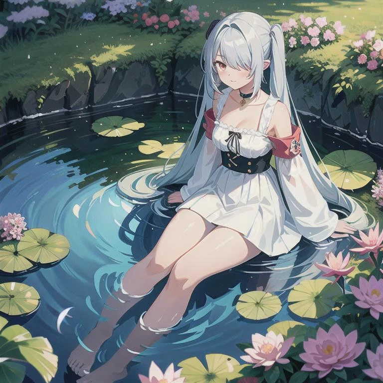 (masterpiece), 1girl, living in a floating house, pond, flowers on pond, beautiful scenery <lora:iori1:1>