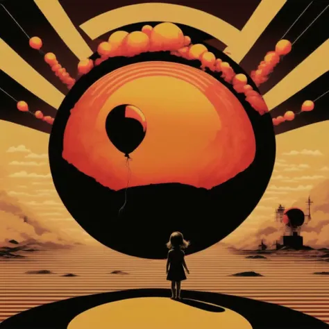 A little girl with a baloon playing, ended war behind, tanks, a big circular sun, <lora:Psychedelic_Noir__sdxl:1.0>