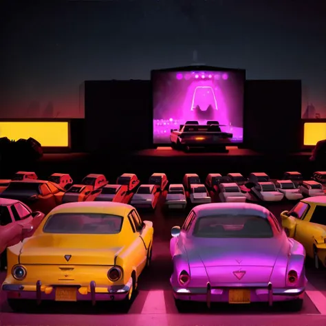<lora:psychnoir:1.0>, psychedelic_noir, 70s style drive-in movie theater: an open-air cinema with rows of cars parked in front of a massive outdoor screen, families gathered in their vehicles with popcorn and soda || masterpiece, perfect quality, sharp focus, shallow depth of field, 8k