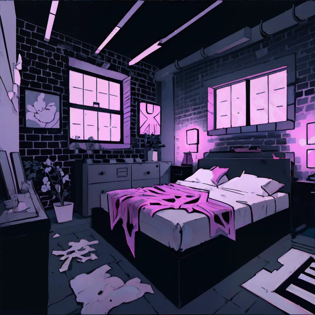 <lora:psychnoir:1.0>, psychedelic_noir, Chic City Loft Bedroom with Platform Bed and Exposed Brick Wall || masterpiece, perfect quality, sharp focus, shallow depth of field, 8k