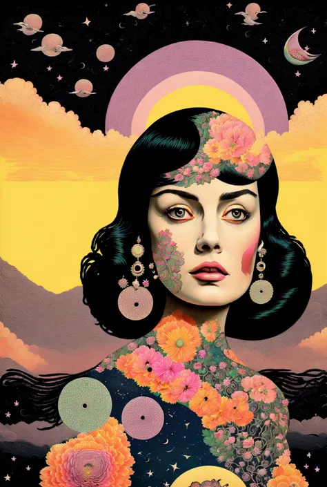 a painting of a woman with a rainbow and birds , 1girl, solo, long hair, black hair, jewelry, upper body, flower, earrings, signature, star (symbol), colored skin, bird, leaf, crescent, star (sky), pink flower, purple flower, crescent moon, rainbow , psychedelic_noir<lora:psychedelic_noir-10:1><lora:psychedelic_noir-10:1>