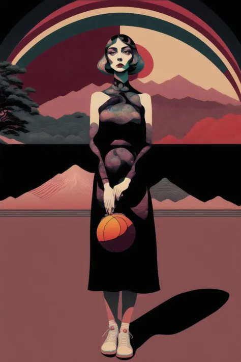 a girl in a long dress standing in front of a mountain with a basketball ball , psychedelic_noir