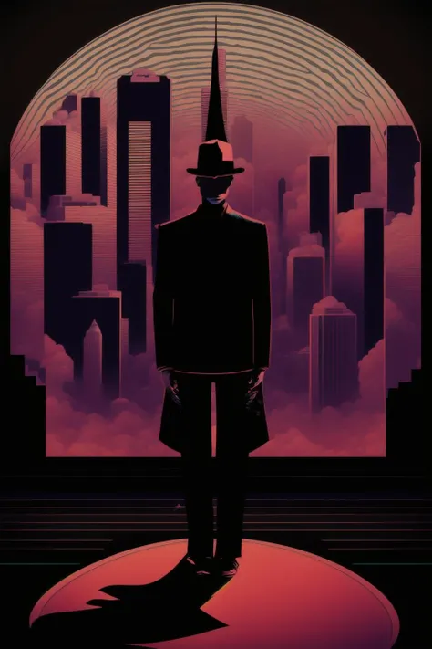 psychedelic_noir , a futuristic city with neon lights and a man standing on top of a building
